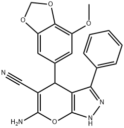 6-amino-4-(7-methoxy-1,3-benzodioxol-5-yl)-3-phenyl-2,4-dihydropyrano[2,3-c]pyrazole-5-carbonitrile 结构式