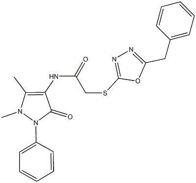 2-[(5-benzyl-1,3,4-oxadiazol-2-yl)sulfanyl]-N-(1,5-dimethyl-3-oxo-2-phenyl-2,3-dihydro-1H-pyrazol-4-yl)acetamide 化学構造式