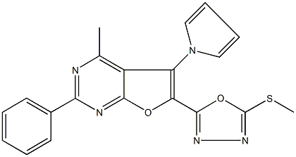 methyl 5-[4-methyl-2-phenyl-5-(1H-pyrrol-1-yl)furo[2,3-d]pyrimidin-6-yl]-1,3,4-oxadiazol-2-yl sulfide 化学構造式