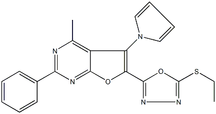 ethyl 5-[4-methyl-2-phenyl-5-(1H-pyrrol-1-yl)furo[2,3-d]pyrimidin-6-yl]-1,3,4-oxadiazol-2-yl sulfide Struktur