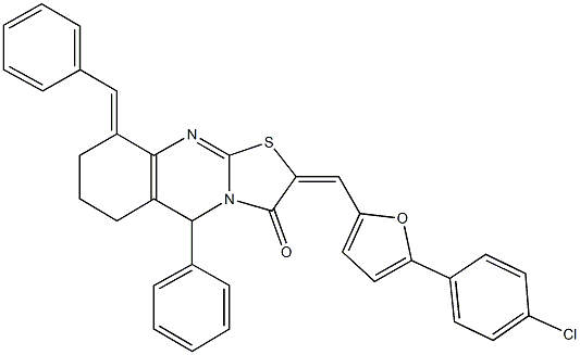 9-benzylidene-2-{[5-(4-chlorophenyl)-2-furyl]methylene}-5-phenyl-6,7,8,9-tetrahydro-5H-[1,3]thiazolo[2,3-b]quinazolin-3(2H)-one 化学構造式