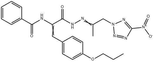 N-[1-{[2-(2-{5-nitro-2H-tetraazol-2-yl}-1-methylethylidene)hydrazino]carbonyl}-2-(4-propoxyphenyl)vinyl]benzamide Structure