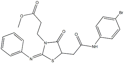 methyl3-[5-[2-(4-bromoanilino)-2-oxoethyl]-4-oxo-2-(phenylimino)-1,3-thiazolidin-3-yl]propanoate Struktur