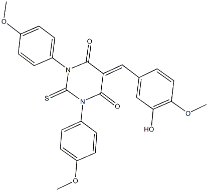 5-(3-hydroxy-4-methoxybenzylidene)-1,3-bis(4-methoxyphenyl)-2-thioxodihydro-4,6(1H,5H)-pyrimidinedione,722462-29-5,结构式