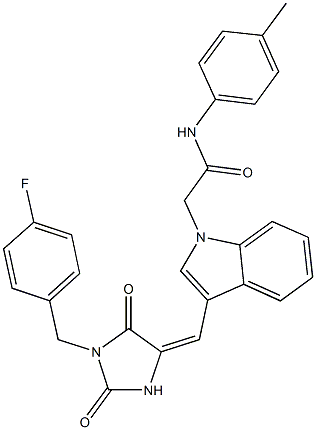 2-(3-{[1-(4-fluorobenzyl)-2,5-dioxo-4-imidazolidinylidene]methyl}-1H-indol-1-yl)-N-(4-methylphenyl)acetamide 化学構造式