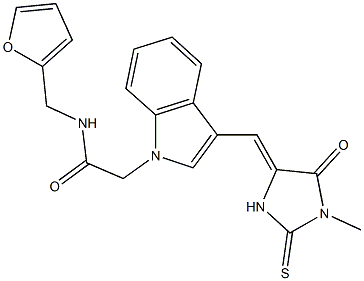 N-(2-furylmethyl)-2-{3-[(1-methyl-5-oxo-2-thioxo-4-imidazolidinylidene)methyl]-1H-indol-1-yl}acetamide 化学構造式
