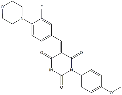 5-[3-fluoro-4-(4-morpholinyl)benzylidene]-1-(4-methoxyphenyl)-2,4,6(1H,3H,5H)-pyrimidinetrione 化学構造式