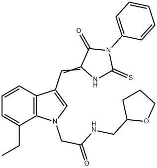 2-{7-ethyl-3-[(5-oxo-1-phenyl-2-thioxo-4-imidazolidinylidene)methyl]-1H-indol-1-yl}-N-(tetrahydro-2-furanylmethyl)acetamide Struktur