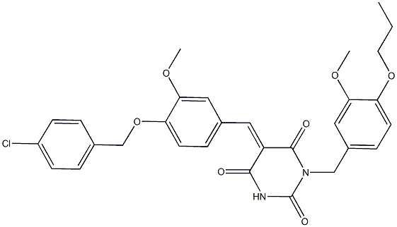 5-{4-[(4-chlorobenzyl)oxy]-3-methoxybenzylidene}-1-(3-methoxy-4-propoxybenzyl)-2,4,6(1H,3H,5H)-pyrimidinetrione,722468-19-1,结构式