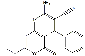 2-amino-7-(hydroxymethyl)-5-oxo-4-phenyl-4H,5H-pyrano[4,3-b]pyran-3-carbonitrile Struktur