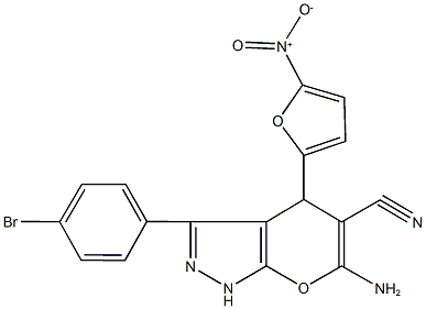 6-amino-3-(4-bromophenyl)-4-{5-nitro-2-furyl}-1,4-dihydropyrano[2,3-c]pyrazole-5-carbonitrile 结构式