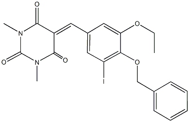 5-[4-(benzyloxy)-3-ethoxy-5-iodobenzylidene]-1,3-dimethyl-2,4,6(1H,3H,5H)-pyrimidinetrione Struktur