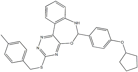 6-[4-(cyclopentyloxy)phenyl]-3-[(4-methylbenzyl)sulfanyl]-6,7-dihydro[1,2,4]triazino[5,6-d][3,1]benzoxazepine 化学構造式