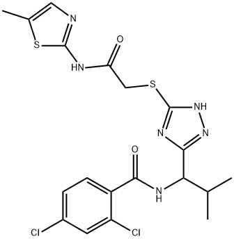 2,4-dichloro-N-{2-methyl-1-[5-({2-[(5-methyl-1,3-thiazol-2-yl)amino]-2-oxoethyl}sulfanyl)-4H-1,2,4-triazol-3-yl]propyl}benzamide 化学構造式