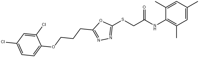 2-({5-[3-(2,4-dichlorophenoxy)propyl]-1,3,4-oxadiazol-2-yl}sulfanyl)-N-mesitylacetamide 化学構造式