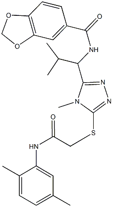 N-[1-(5-{[2-(2,5-dimethylanilino)-2-oxoethyl]thio}-4-methyl-4H-1,2,4-triazol-3-yl)-2-methylpropyl]-1,3-benzodioxole-5-carboxamide 结构式