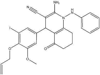 4-[4-(allyloxy)-3-iodo-5-methoxyphenyl]-2-amino-1-anilino-5-oxo-1,4,5,6,7,8-hexahydro-3-quinolinecarbonitrile Struktur