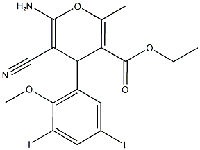 ethyl 6-amino-5-cyano-4-(3,5-diiodo-2-methoxyphenyl)-2-methyl-4H-pyran-3-carboxylate Struktur
