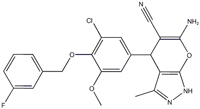 6-amino-4-{3-chloro-4-[(3-fluorobenzyl)oxy]-5-methoxyphenyl}-3-methyl-1,4-dihydropyrano[2,3-c]pyrazole-5-carbonitrile Struktur