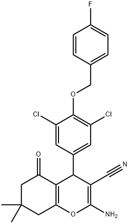 2-amino-4-{3,5-dichloro-4-[(4-fluorobenzyl)oxy]phenyl}-7,7-dimethyl-5-oxo-5,6,7,8-tetrahydro-4H-chromene-3-carbonitrile Struktur