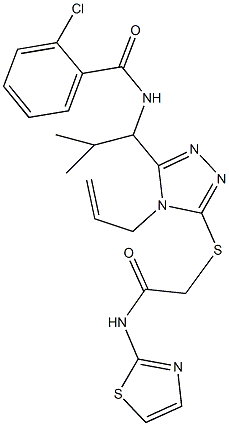 N-[1-(4-allyl-5-{[2-oxo-2-(1,3-thiazol-2-ylamino)ethyl]sulfanyl}-4H-1,2,4-triazol-3-yl)-2-methylpropyl]-2-chlorobenzamide 化学構造式