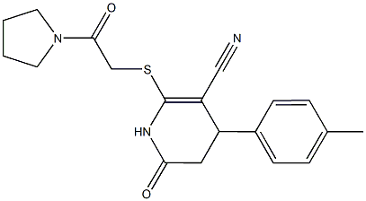 4-(4-methylphenyl)-6-oxo-2-{[2-oxo-2-(1-pyrrolidinyl)ethyl]sulfanyl}-1,4,5,6-tetrahydro-3-pyridinecarbonitrile Struktur