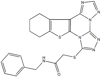 N-benzyl-2-(10,11,12,13-tetrahydro[1]benzothieno[3,2-e]di[1,2,4]triazolo[4,3-a:1,5-c]pyrimidin-7-ylsulfanyl)acetamide,723747-17-9,结构式