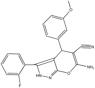 6-amino-3-(2-fluorophenyl)-4-(3-methoxyphenyl)-2,4-dihydropyrano[2,3-c]pyrazole-5-carbonitrile 结构式