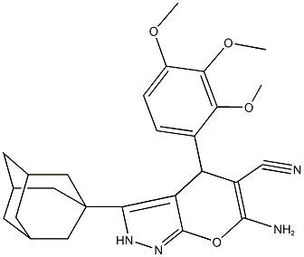 3-(1-adamantyl)-6-amino-4-(2,3,4-trimethoxyphenyl)-2,4-dihydropyrano[2,3-c]pyrazole-5-carbonitrile Struktur