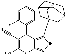 3-(1-adamantyl)-6-amino-4-(2-fluorophenyl)-2,4-dihydropyrano[2,3-c]pyrazole-5-carbonitrile Struktur