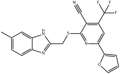 6-(2-furyl)-2-{[(5-methyl-1H-benzimidazol-2-yl)methyl]sulfanyl}-4-(trifluoromethyl)nicotinonitrile Struktur