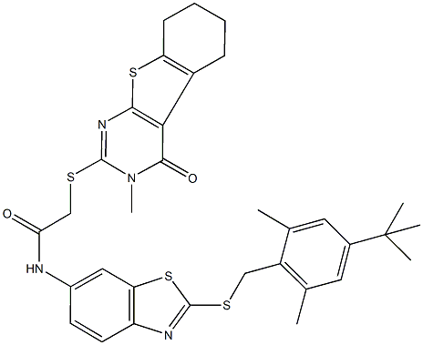 N-{2-[(4-tert-butyl-2,6-dimethylbenzyl)sulfanyl]-1,3-benzothiazol-6-yl}-2-[(3-methyl-4-oxo-3,4,5,6,7,8-hexahydro[1]benzothieno[2,3-d]pyrimidin-2-yl)sulfanyl]acetamide Structure