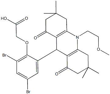 {2,4-dibromo-6-[10-(2-methoxyethyl)-3,3,6,6-tetramethyl-1,8-dioxo-1,2,3,4,5,6,7,8,9,10-decahydro-9-acridinyl]phenoxy}aceticacid 化学構造式