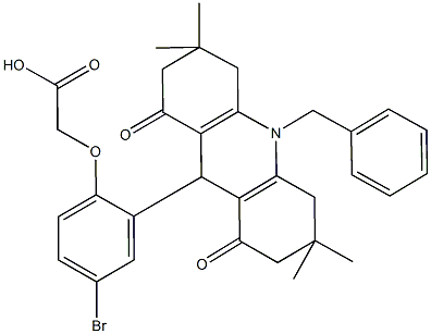 [2-(10-benzyl-3,3,6,6-tetramethyl-1,8-dioxo-1,2,3,4,5,6,7,8,9,10-decahydro-9-acridinyl)-4-bromophenoxy]aceticacid Struktur