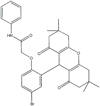 2-[4-bromo-2-(3,3,6,6-tetramethyl-1,8-dioxo-2,3,4,5,6,7,8,9-octahydro-1H-xanthen-9-yl)phenoxy]-N-phenylacetamide 化学構造式