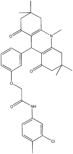 N-(3-chloro-4-methylphenyl)-2-[3-(3,3,6,6,10-pentamethyl-1,8-dioxo-1,2,3,4,5,6,7,8,9,10-decahydro-9-acridinyl)phenoxy]acetamide Struktur
