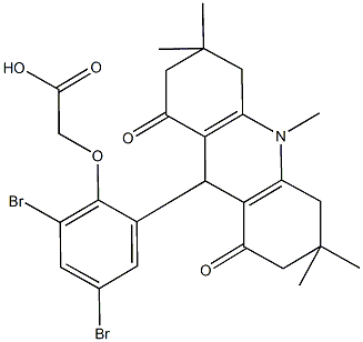 [2,4-dibromo-6-(3,3,6,6,10-pentamethyl-1,8-dioxo-1,2,3,4,5,6,7,8,9,10-decahydro-9-acridinyl)phenoxy]aceticacid Structure