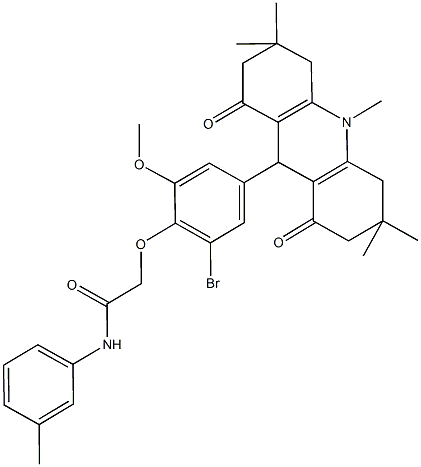 2-[2-bromo-6-methoxy-4-(3,3,6,6,10-pentamethyl-1,8-dioxo-1,2,3,4,5,6,7,8,9,10-decahydro-9-acridinyl)phenoxy]-N-(3-methylphenyl)acetamide,723749-62-0,结构式