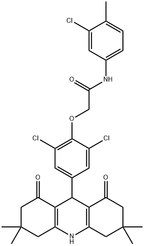 N-(3-chloro-4-methylphenyl)-2-[2,6-dichloro-4-(3,3,6,6-tetramethyl-1,8-dioxo-1,2,3,4,5,6,7,8,9,10-decahydro-9-acridinyl)phenoxy]acetamide Struktur