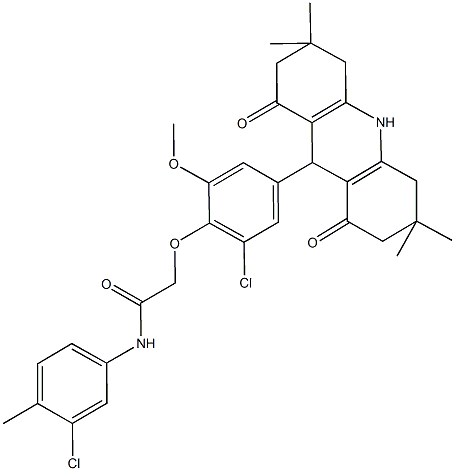 2-[2-chloro-6-methoxy-4-(3,3,6,6-tetramethyl-1,8-dioxo-1,2,3,4,5,6,7,8,9,10-decahydro-9-acridinyl)phenoxy]-N-(3-chloro-4-methylphenyl)acetamide Structure