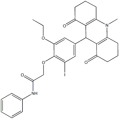 2-[2-ethoxy-6-iodo-4-(10-methyl-1,8-dioxo-1,2,3,4,5,6,7,8,9,10-decahydro-9-acridinyl)phenoxy]-N-phenylacetamide,723750-03-6,结构式
