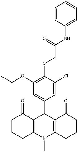 2-[2-chloro-6-ethoxy-4-(10-methyl-1,8-dioxo-1,2,3,4,5,6,7,8,9,10-decahydro-9-acridinyl)phenoxy]-N-phenylacetamide 化学構造式