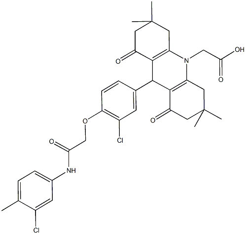 (9-{3-chloro-4-[2-(3-chloro-4-methylanilino)-2-oxoethoxy]phenyl}-3,3,6,6-tetramethyl-1,8-dioxo-2,3,4,5,6,7,8,9-octahydro-10(1H)-acridinyl)aceticacid Struktur