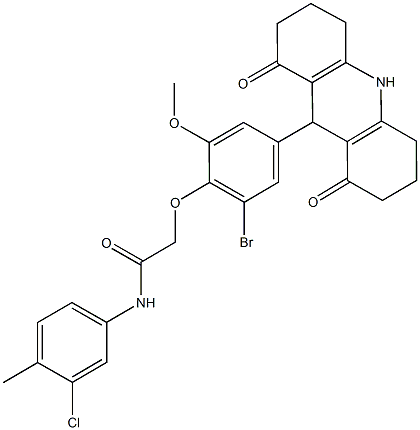 2-[2-bromo-4-(1,8-dioxo-1,2,3,4,5,6,7,8,9,10-decahydro-9-acridinyl)-6-methoxyphenoxy]-N-(3-chloro-4-methylphenyl)acetamide,723750-23-0,结构式