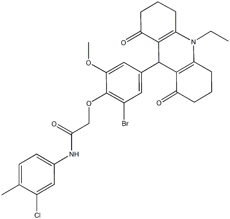 2-[2-bromo-4-(10-ethyl-1,8-dioxo-1,2,3,4,5,6,7,8,9,10-decahydro-9-acridinyl)-6-methoxyphenoxy]-N-(3-chloro-4-methylphenyl)acetamide 化学構造式