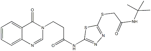 N-(5-{[2-(tert-butylamino)-2-oxoethyl]sulfanyl}-1,3,4-thiadiazol-2-yl)-3-(4-oxo-3(4H)-quinazolinyl)propanamide 化学構造式