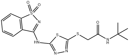 N-(tert-butyl)-2-({5-[(1,1-dioxido-1,2-benzisothiazol-3-yl)amino]-1,3,4-thiadiazol-2-yl}sulfanyl)acetamide 化学構造式