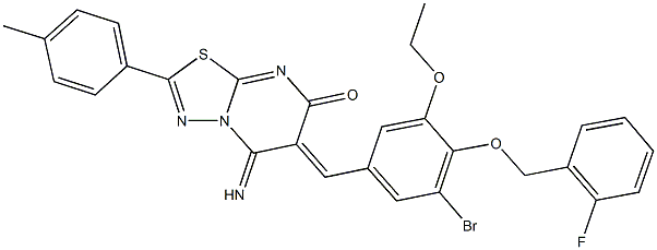 6-{3-bromo-5-ethoxy-4-[(2-fluorobenzyl)oxy]benzylidene}-5-imino-2-(4-methylphenyl)-5,6-dihydro-7H-[1,3,4]thiadiazolo[3,2-a]pyrimidin-7-one,723750-57-0,结构式
