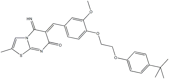 6-{4-[2-(4-tert-butylphenoxy)ethoxy]-3-methoxybenzylidene}-5-imino-2-methyl-5,6-dihydro-7H-[1,3]thiazolo[3,2-a]pyrimidin-7-one,723750-61-6,结构式