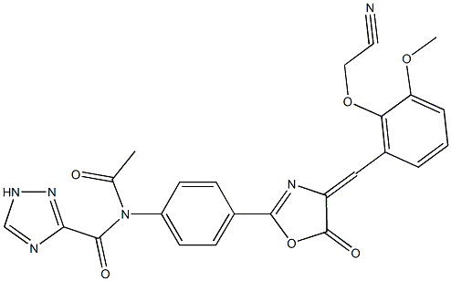 N-acetyl-N-(4-{4-[2-(cyanomethoxy)-3-methoxybenzylidene]-5-oxo-4,5-dihydro-1,3-oxazol-2-yl}phenyl)-1H-1,2,4-triazole-3-carboxamide Struktur